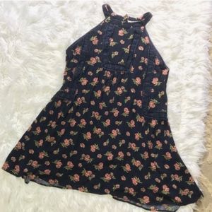 Entro Anthropologie Navy Pink Floral Trapeze Dress